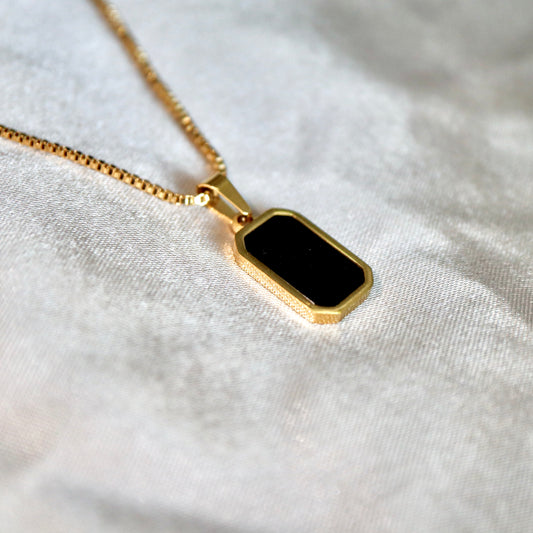 Long Black Onyx Necklace, 18k Gold Plated
