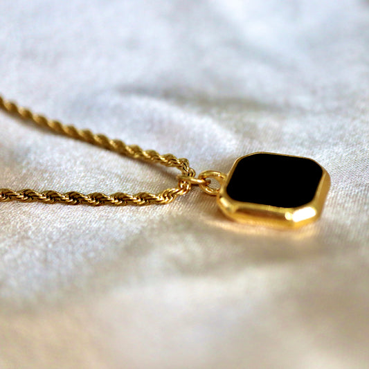 Square Black Onyx Necklace, 18k Gold Plated