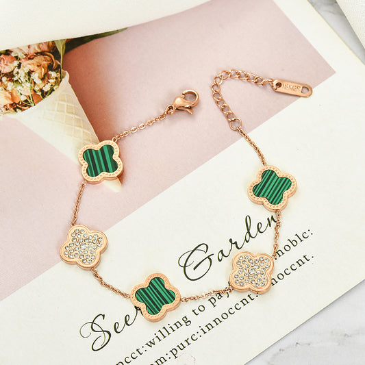 Green Crystal Clover Bracelet, 18k Rose Gold Plated